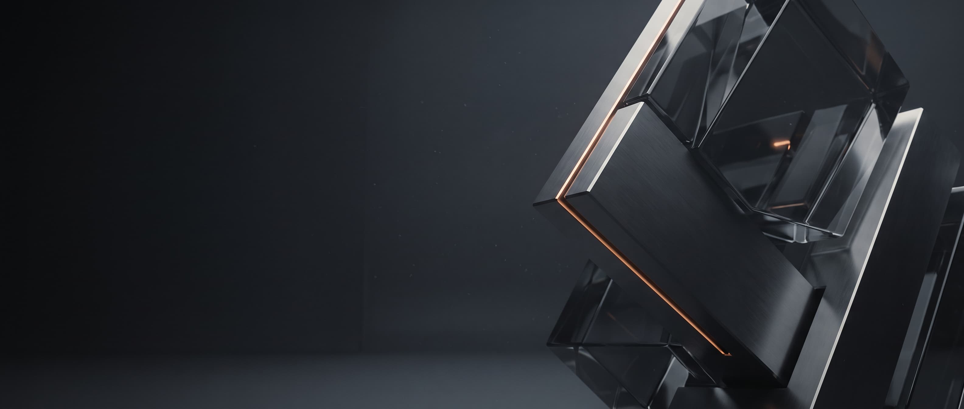 Render abstracto: una forma escultórica de vidrio ahumado y metal en una sala oscura, con un filo de luz de cobre.